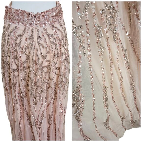 Mac Duggal 5682 14 Apricot Peach Pink Sequin Beaded Embellished Long Gown Dress - Picture 9 of 13